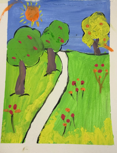 Colorful drawing of a sunny landscape with trees, flowers, and a winding path.